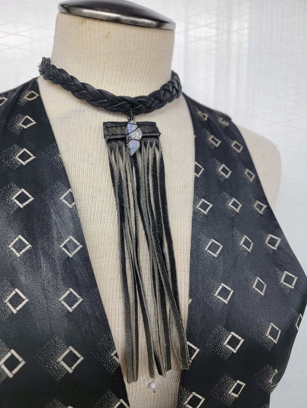 Leather Fringe Choker Necklace with Angel Aura Crystal - Upcycled Artisian